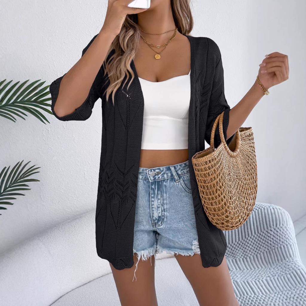 Women's Geometric Hollow Out Half Sleeve Knit Cardigan Solid Color Open Front Mid Length Beach Cover Up