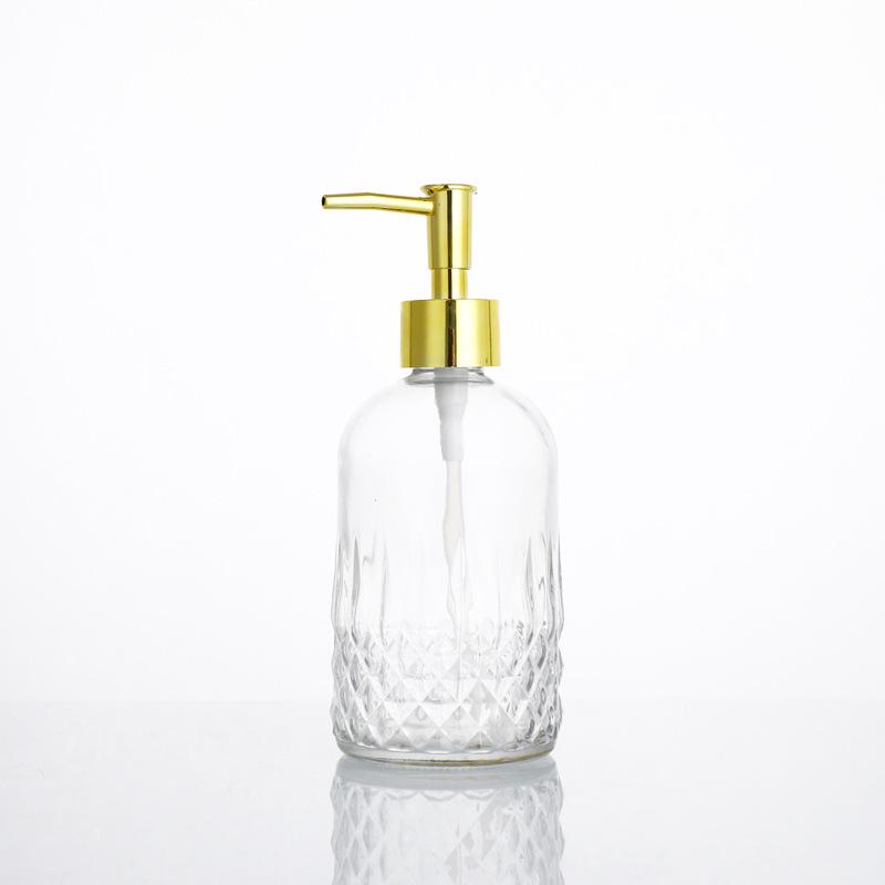 Transparente Glasflasche zum Drücken für Shampoo, Duschgel und Handdesinfektionsmittel - Wiederbefüllbar, Hotelqualität