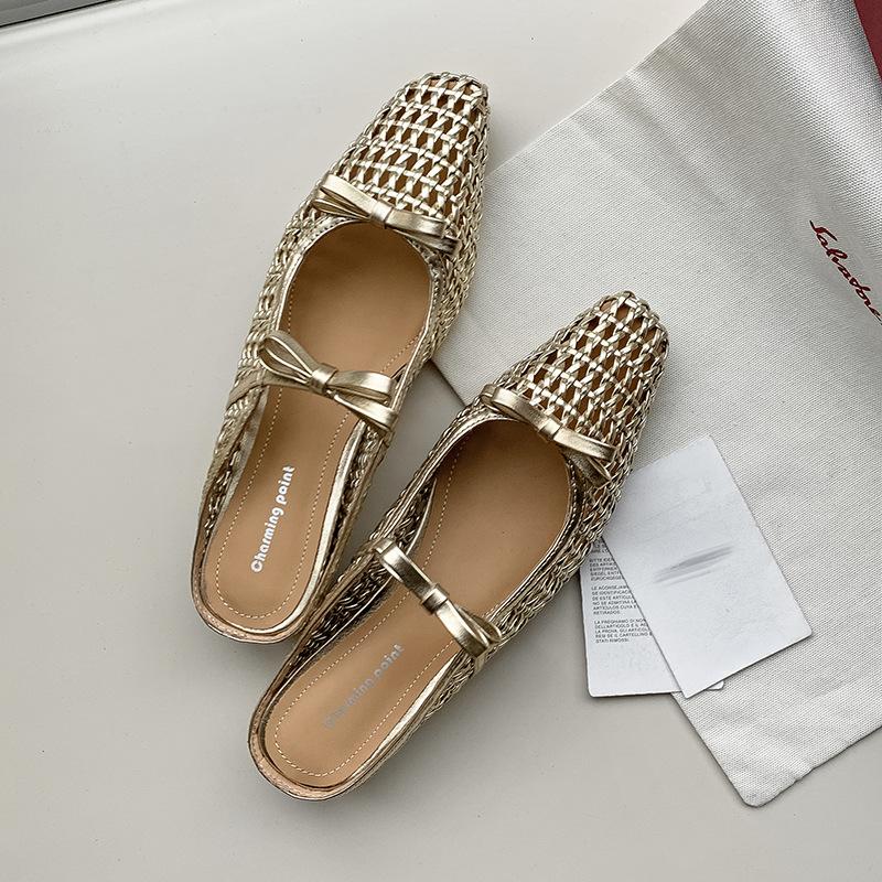 

Huge comfortable woven slippers women s summer tide 4cm height increase breathable hollow half-drag flat-bottom Muller shoes literary sandals 42 золотой