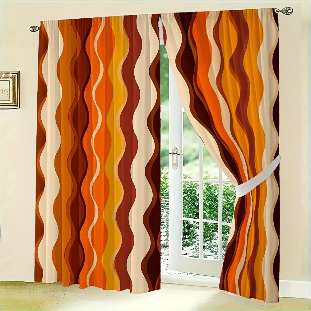 Retro Orange Brown Wavy Stripe Curtains Set of 2 Rod Pocket Semi Sheer for Living Room Bedroom Decor