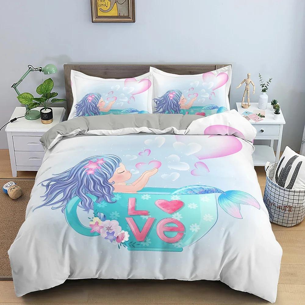 Cartoon Mermaid Pattern Duvet Cover Bedding Set Children Bedroom Decor QuiltComforter Cover King Twin Single Size Bedclothes