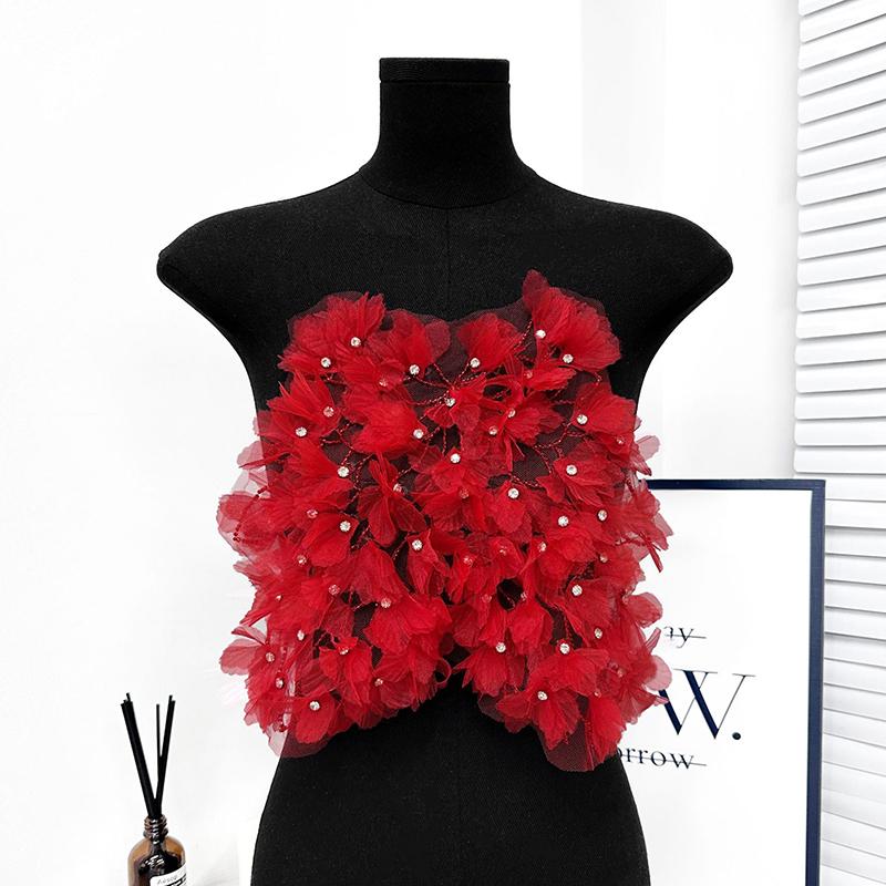 1pc Double-Layered Mesh Lace Applique Heavy Industry Mesh Trim Pleated Beaded Patch DIY Chest Wrap Evening Dress Accessories красный
