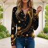 Women Plus Size Front Zip Round Neck Long Sleeve T Shirt Black Gold Galaxy Printed Top