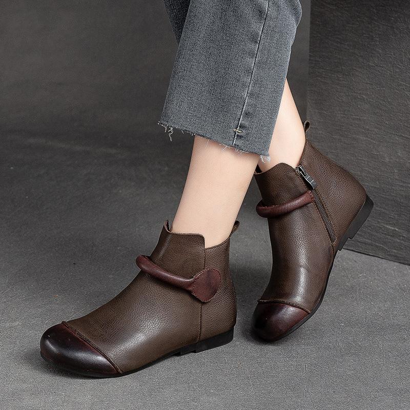 Fashion GKTINOO Retro Women Short Boots 2025 Autumn Winter New Genuine Leather Slip-on Shoes Handmade Round Toe Flat Ankle Boots