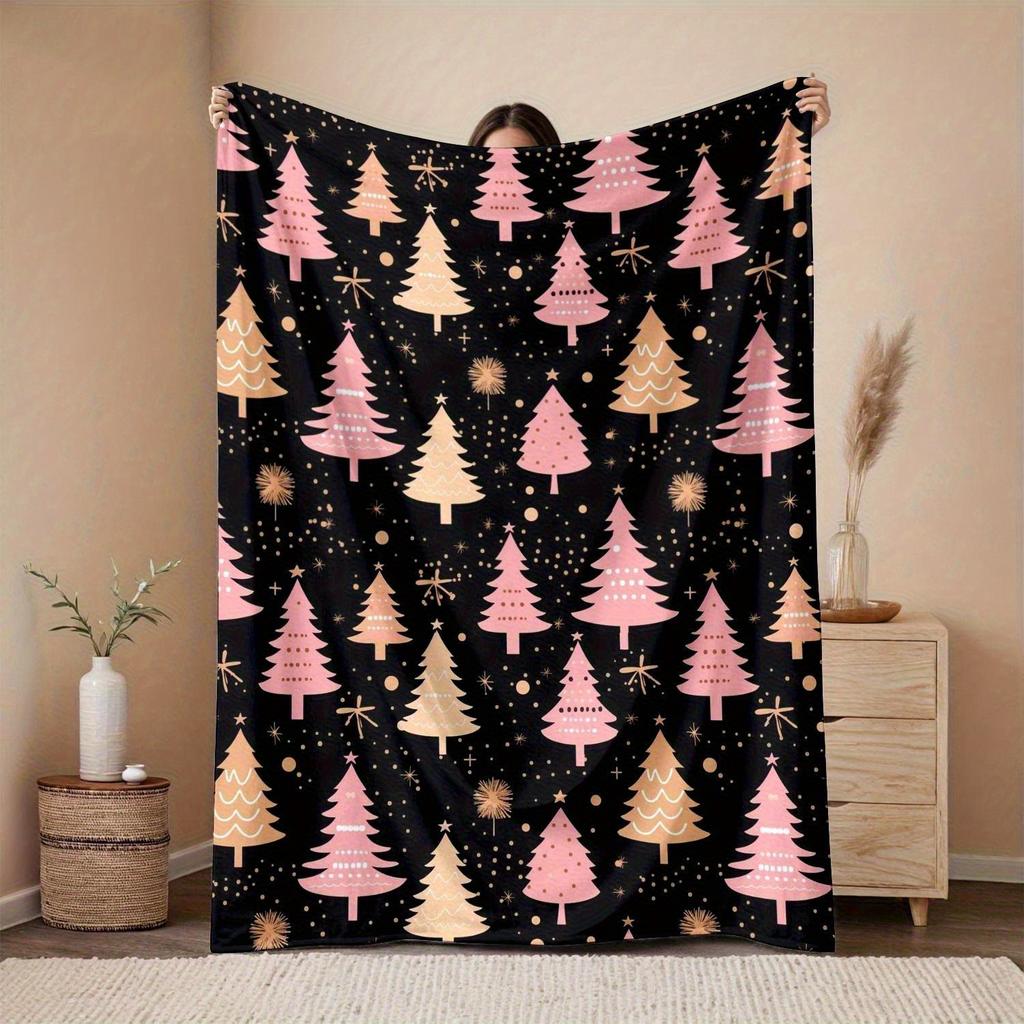 1pc 280gsm Pink and Golden Christmas Tree Patterned Flannel Blanket Soft Cozy Christmas Bedroom Decoration and Accessories Aesthetic Room Decoration F