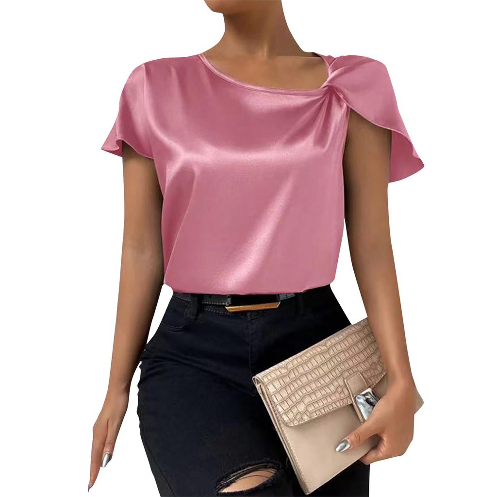 Top peplum holgado de Color liso plisado de satén elegante informal para mujer camisa con cuello asimétrico con detalle de mujer