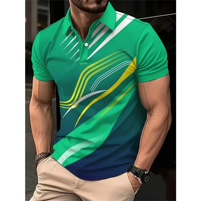 3D Printed Color Striped Men's Polo Shirt