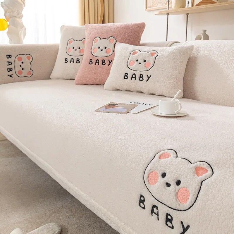 Lammwolle Warmer Samt Sofakissen Winter Verdickt Plüsch Cartoon Stickerei Sofabezug Dekorativ Staub Rutschfeste Rückenlehnenbezug