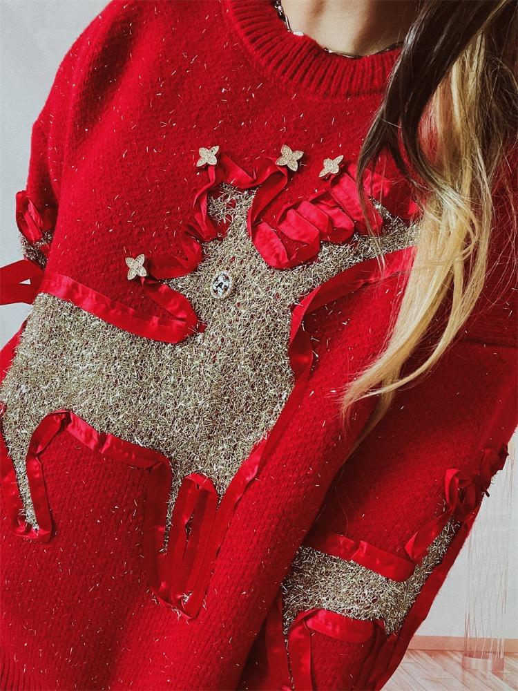 New Autumn/winter Christmas Sweater Women's Ribbon Gold Thread Jacquard Deer Round Neck Thick Knit Pullover