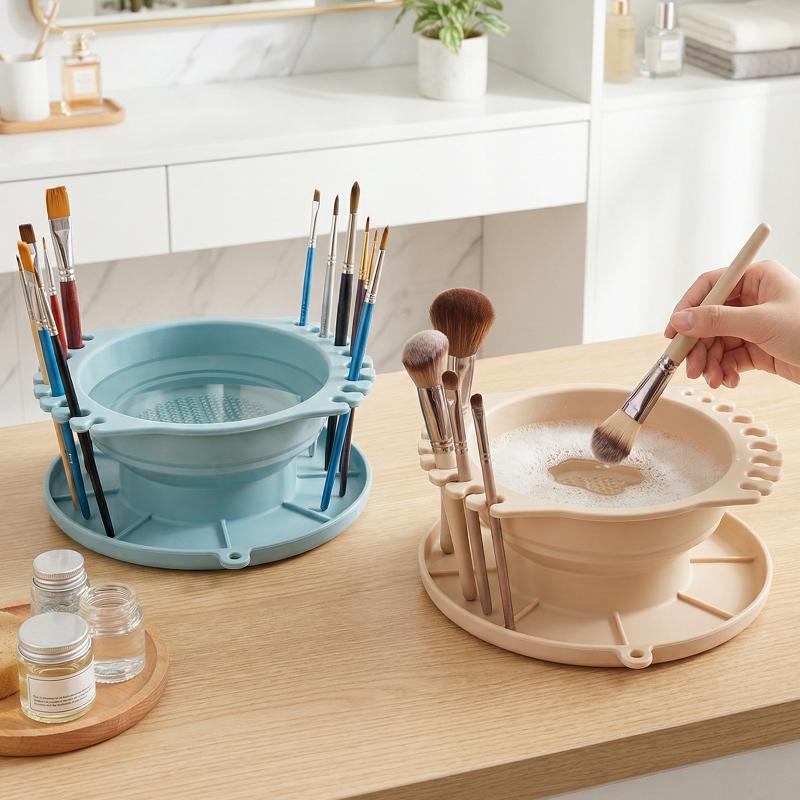 3 In 1 Makeup Brush Cleaner Silicone With Brush Holder Powder Puff Cleaning Bowl Folding Makeup Brush Cleaning Box Travel