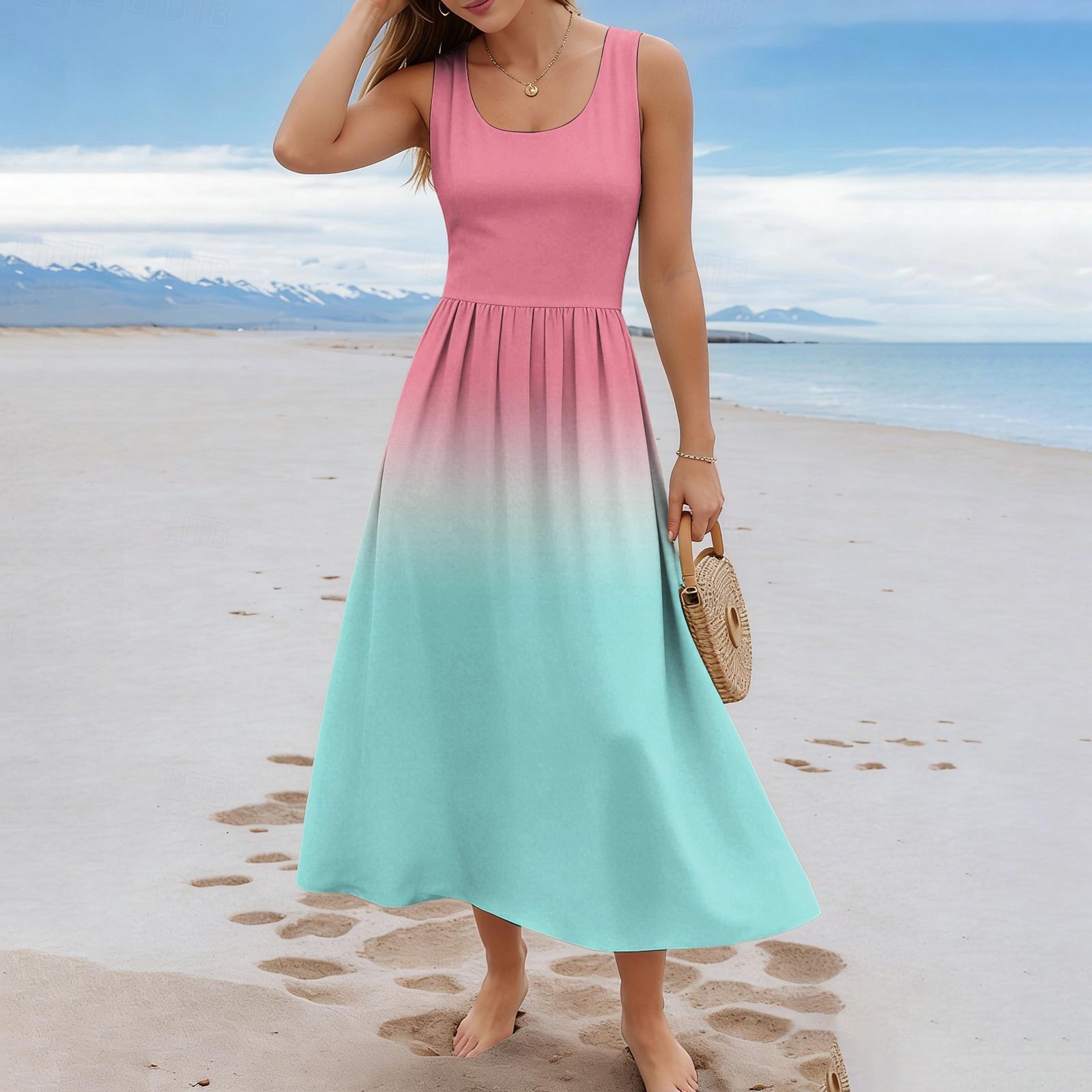 Ladies  gradient printed summer casual and fashionable sleeveless long dress XXL