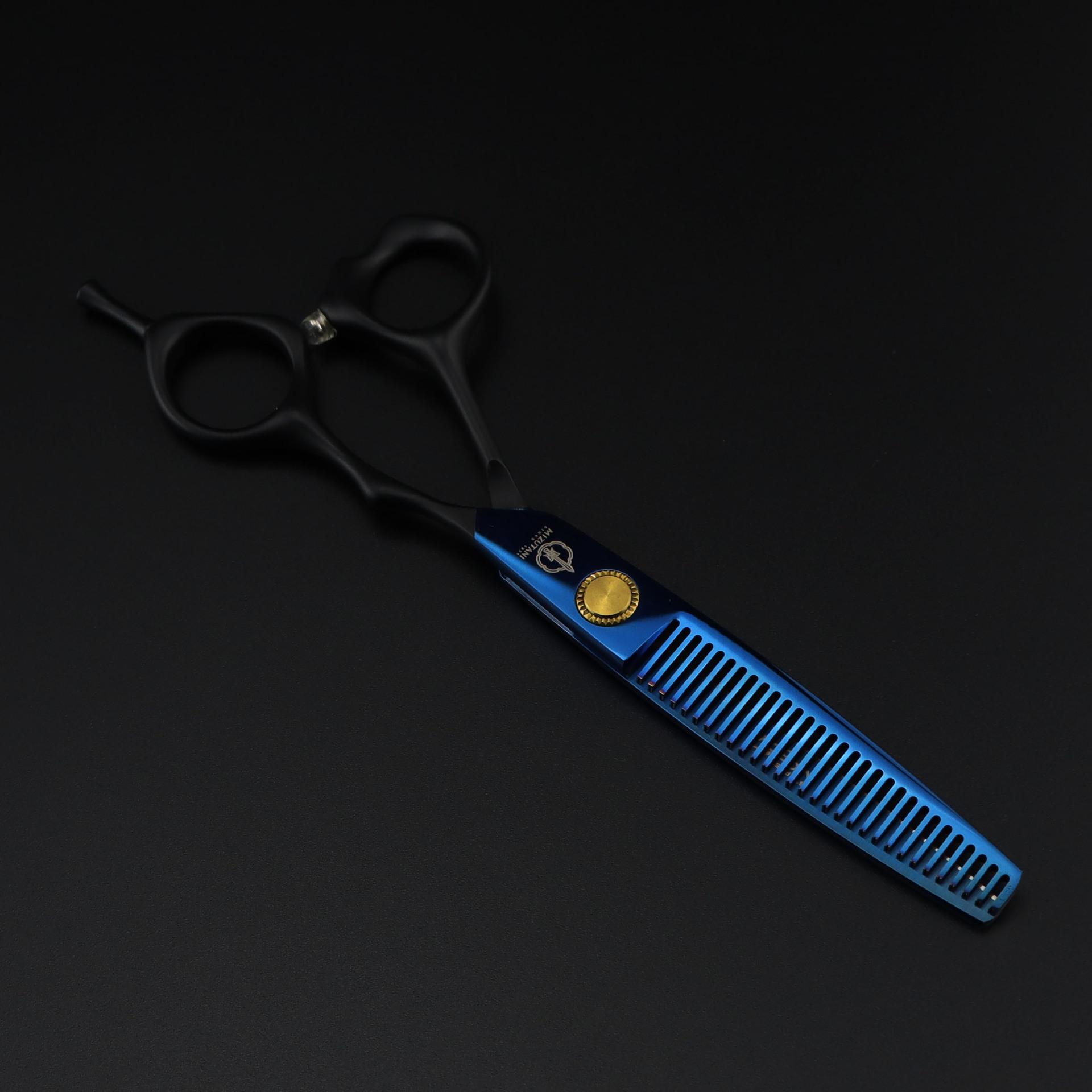 6.0  Mizutani Style Hair Scissors: FM-20 Blue Handle, Half Black, Straight & Thinning Options
