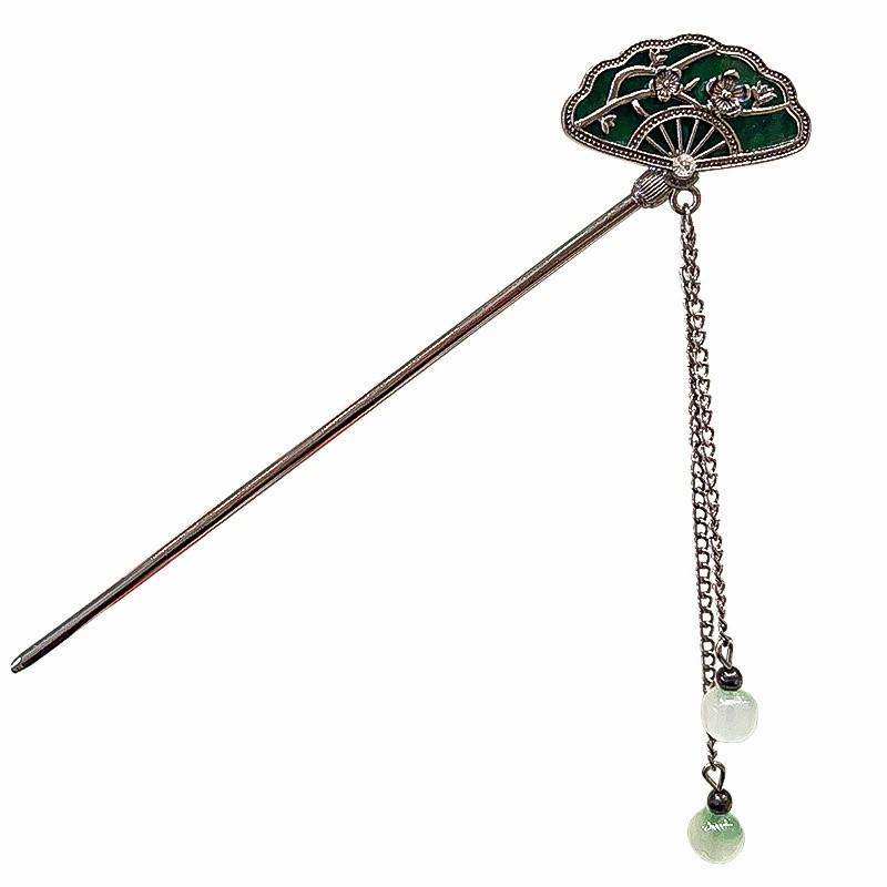 Spinka do włosów w stylu starożytnym w kształcie wachlarza, klips do włosów w stylu vintage chińskim, patyczek do włosów z kwiatem śliwy, ozdoba głowy z frędzlami, retro dodatek do włosów