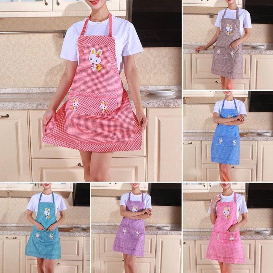 Checkered Bunny Apron - Brown Cartoon Pattern Kitchen Apron, Lightweight Breathable Sweat-Absorbent  Suitable for Baking BBQ Cleaning Housework