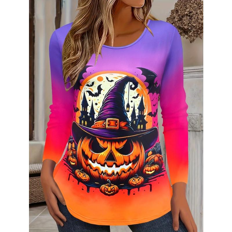 Halloween Damen Sweatshirt Designer Rundhals Langarm Locker Lässig Herbst Farbverlauf Spinnennetz Lustiges Muster Druck Oberteile