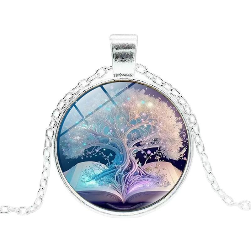Time Gem Tree of Life Pattern Round Glass Pendant Necklace