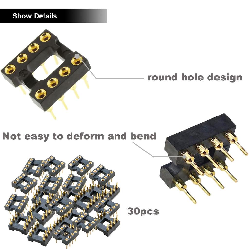 Youmile 30pcs Round DIP-8 IC Socket 2.54mm Pitch 8 Pin IC Socket Adapter Soldering