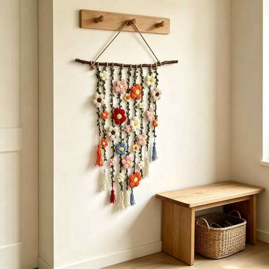 Colorful Floral Wall Accent Crochet Flower Garden Hanging, Knitted Tapestry, Handmade Boho Decorative Hanging Pendant Farmhouse Art for Bedroom