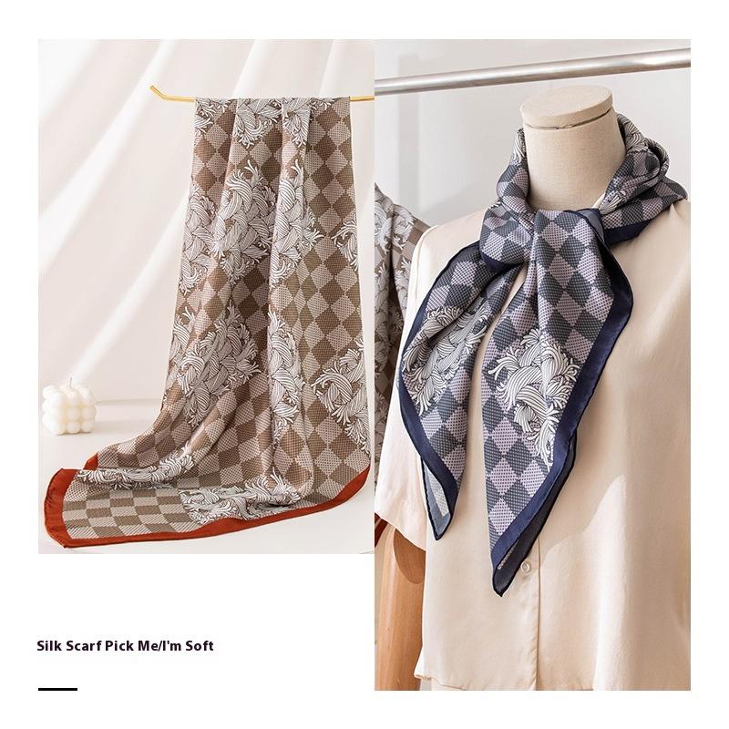 Mulberry Silk 100% Hand-rolled Checkerboard Printing Square Scarf Advanced Sense