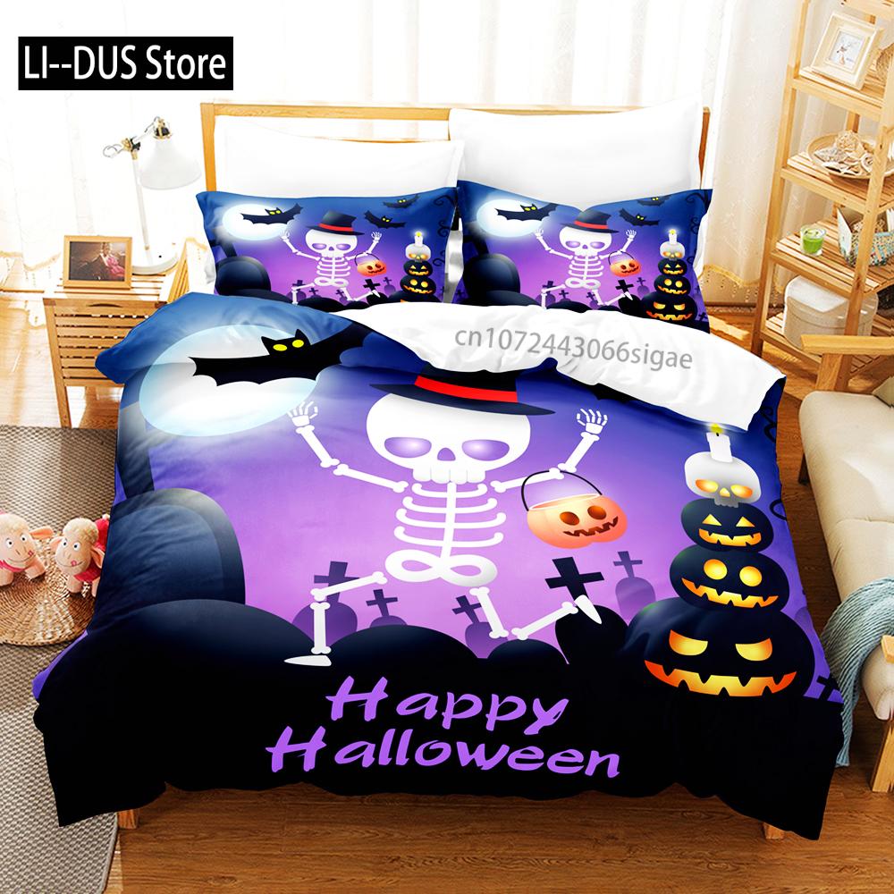 Růžová roztomilá halloweenská ložní souprava s dýněmi Jack-o'-lantern, duchy, čarodějnickými klobouky, lebkami, povlak na přikrývku zapaluje ducha sezóny