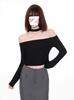Minimalist Solid Color One Shoulder Crop Top With Spliced Long Sleeves For Casual Wear