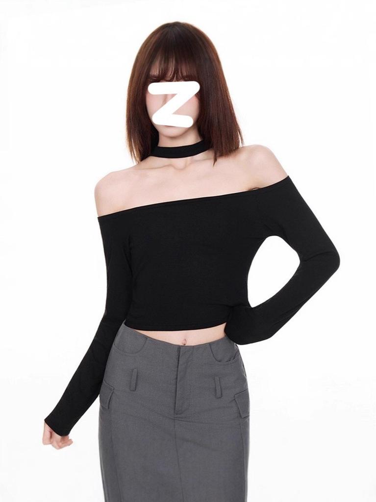 Minimalist Solid Color One Shoulder Crop Top With Spliced Long Sleeves For Casual Wear