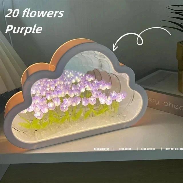 

DIY Cloud Mirror Tulip Lamp Night Light Girl Bedroom Ornaments Photo Frame Handmade Glass Bedside Sleep Light Christmas Gifts