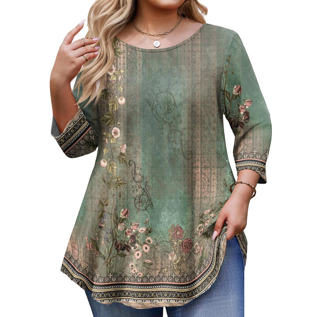 Women’s Floral Print 3/4 Sleeve Tunic Top with Round Neck Loose Fit Casual Blouse for Daily Wear and Comfort