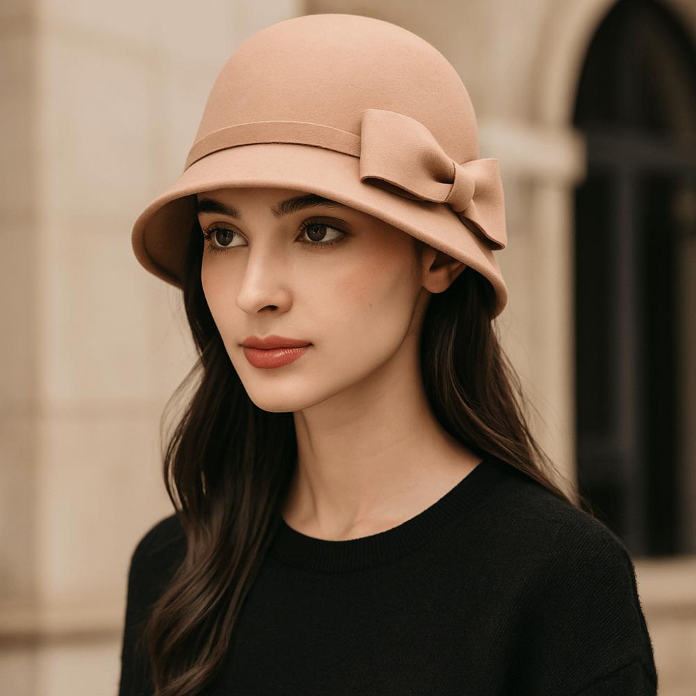 Einfarbiger Schleifen-Topperhut Französischer Stil Woll-Bucket-Hat Eleganter Damen-Fischerhut Famale
