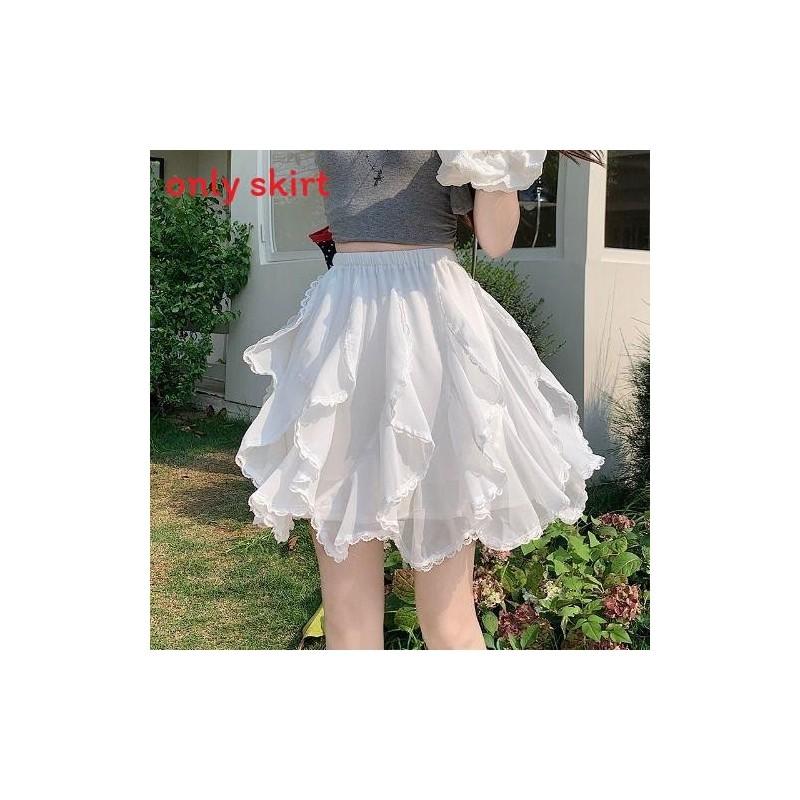 Irregular Lace Trim Puff Skirt With Splicing Detail For Summer Casual Wear