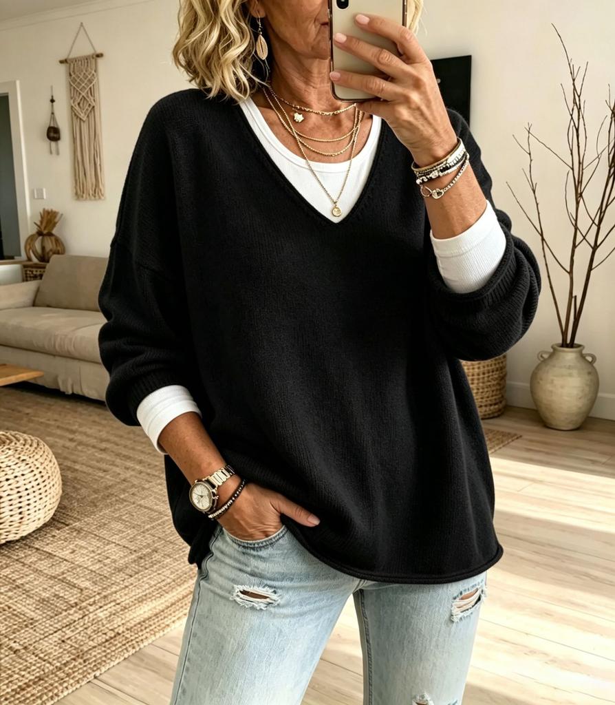 Women's Casual V-Neck Long Sleeve Loose Fit Sweater for Everyday Wear