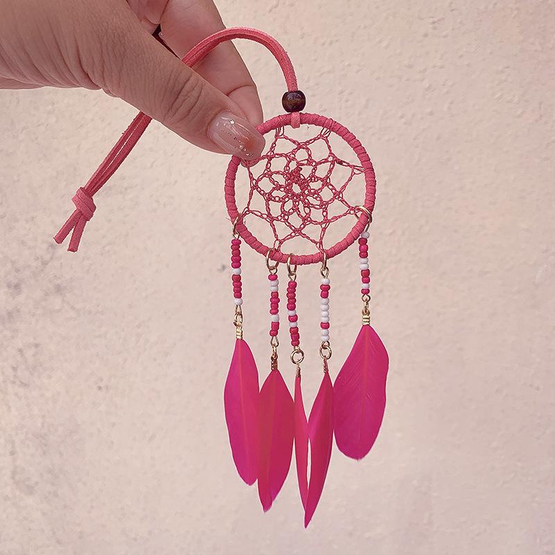

Богемский ловец снов, подвеска-колокольчик ветра с рисовыми бусинами - ширина 5 см, этнический стиль Юго-Восточной Азии для украшения автомобиля. фиолетовый/ярко-розовый