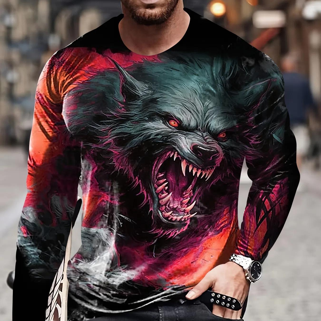 

Мужская уличная футболка с длинным рукавом и принтом аниме «Ревущий волк» 3D для Хэллоуина, весна-осень XL
