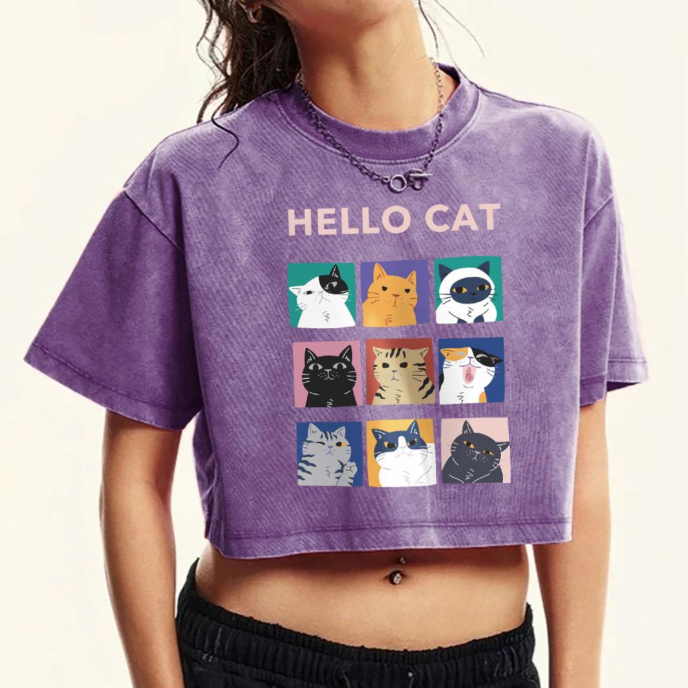 Hello Nine Space Cartoon Cat Prints Women Washed Crop T-Shirt Soft Casual T Shirts Summer Cotton Tops Short Sleeve