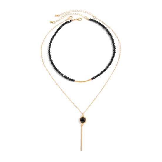 Layered Black Lariat Necklace Y Chain Long Necklace Black Beads D