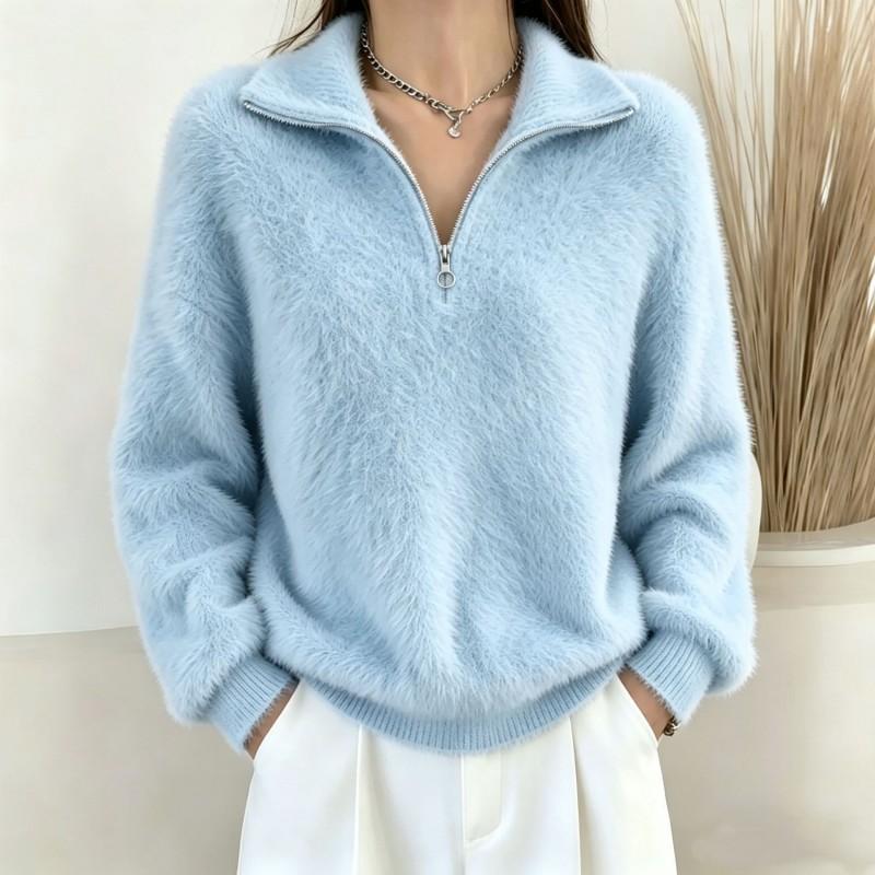 Womens Faux Mink Fur Collar Zip Pullover Sweater Loose Casual Knit Top 2026 Fall