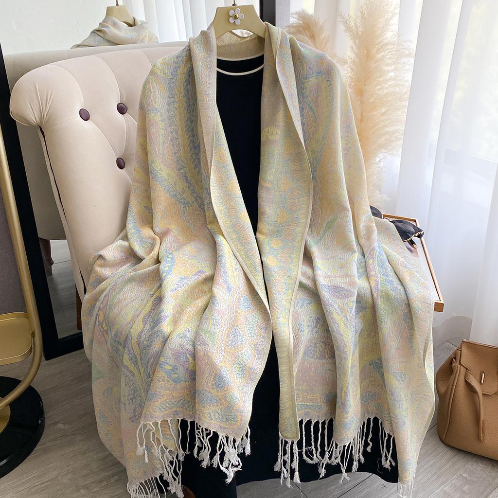 Damski Modny Zimowy Szalik z Sztucznego Kaszmiru Winylowy Wzór Z Frędzlami Gruby Ciepły Szal Pashmina Dwustronny Okrycie Zewnętrzne