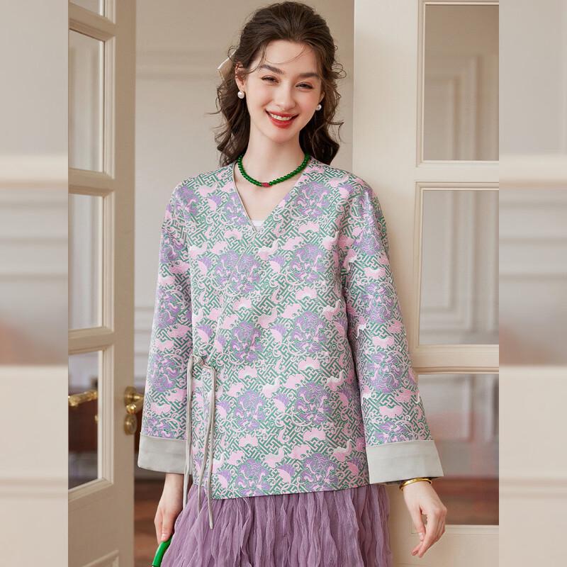 Chinese Style Printed V-Neck Frog Button Jacket L