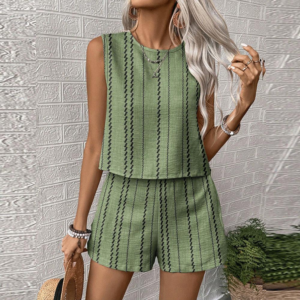 Women's Sleeveless Striped Tank Top and Shorts Set In Beige with Black Stripes | Casual Summer Two Piece Outfit
