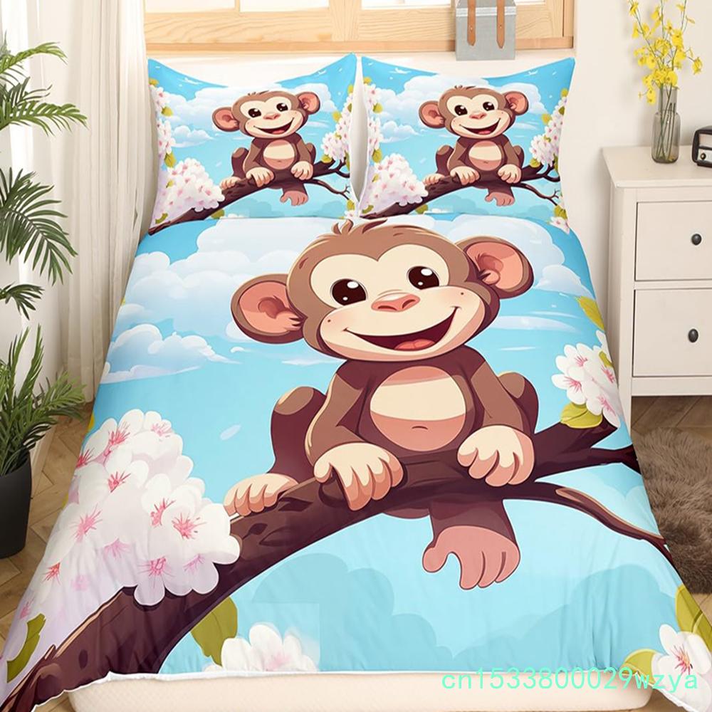 Cute Monkey Bedding Set Full Twin Cartoon Banana Stars Duvet Cover Tropical Wild Animal Fruit Comforter Cover Yellow Quilt Cover