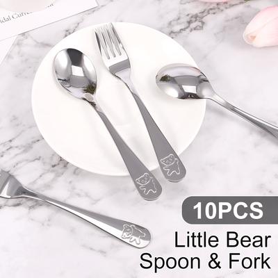 Conjunto de Talheres de Aço Inoxidável 10 Peças Garfo e Colher Utensílios Ergonômicos para Criança Urso de Desenho Animado Fofo Conjunto de Talheres para Crianças