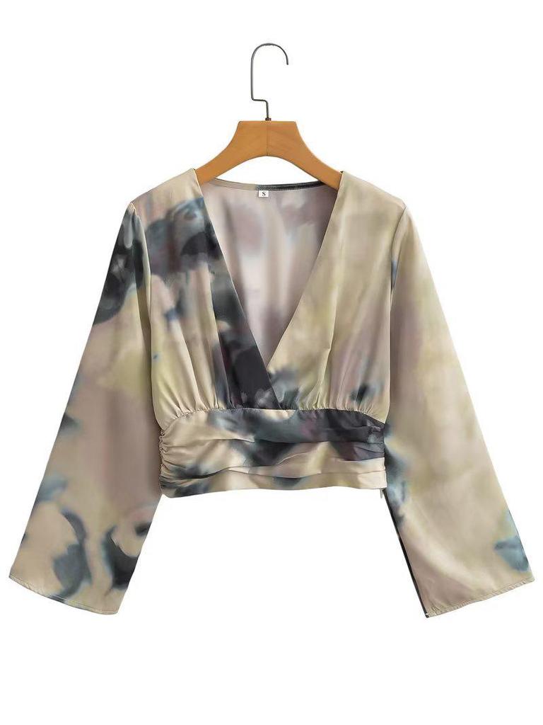 2024 Euro-American Women's Fashion: French Ink-Wash Short Top & Skirt Set