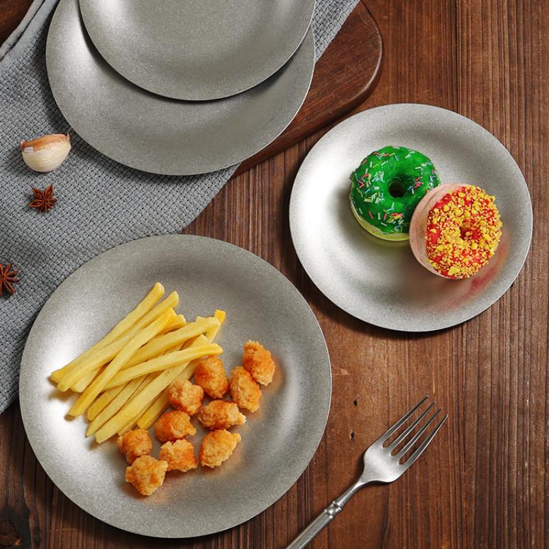 Vintage Stainless Steel Steak Dinner Plates Round Snack Dessert Western French Restaurant Bone Plate Tray Tableware Kitchen