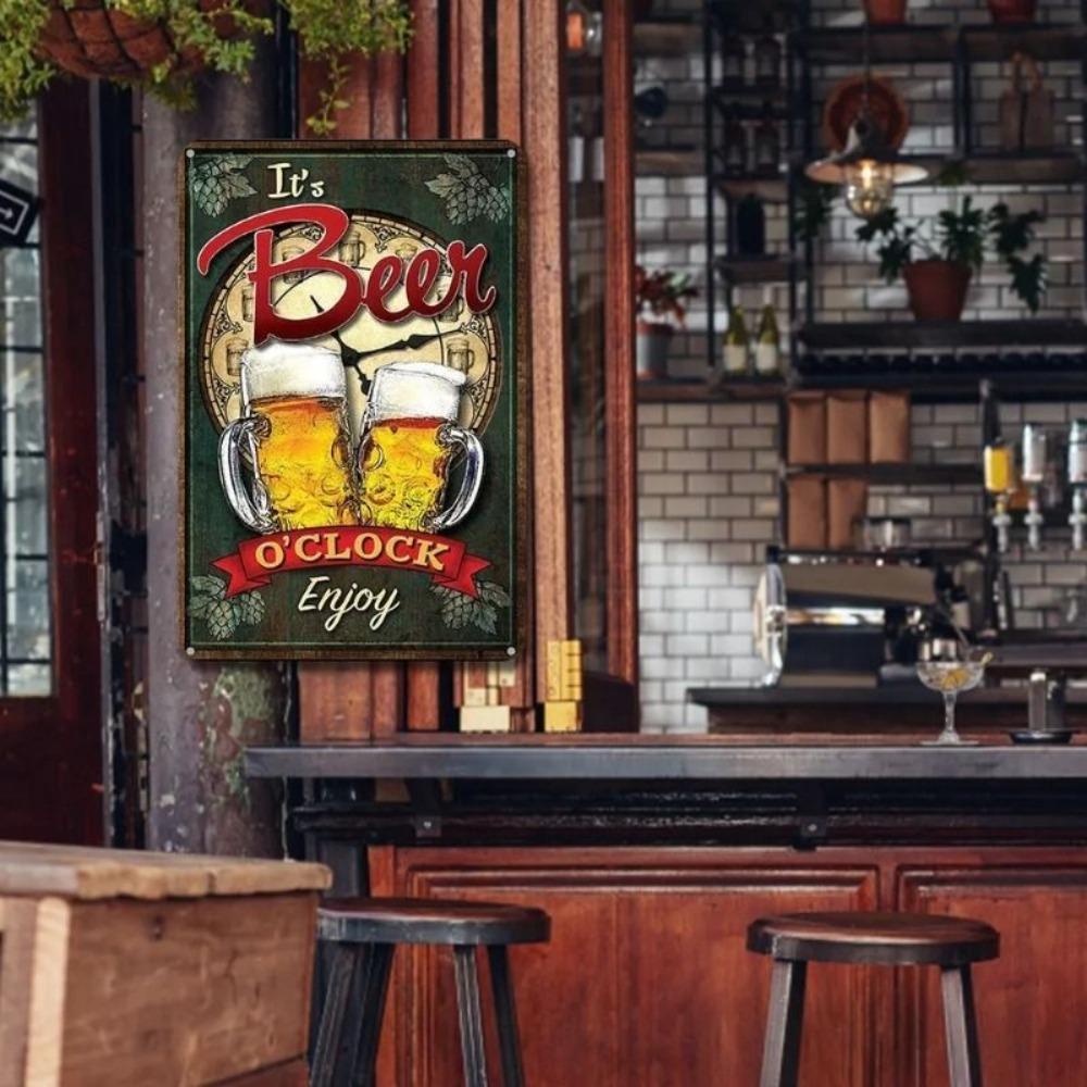 Vintage Metal Beer Clock Sign Rectangular Tin Poster Bar Wall Art 20x30 cm