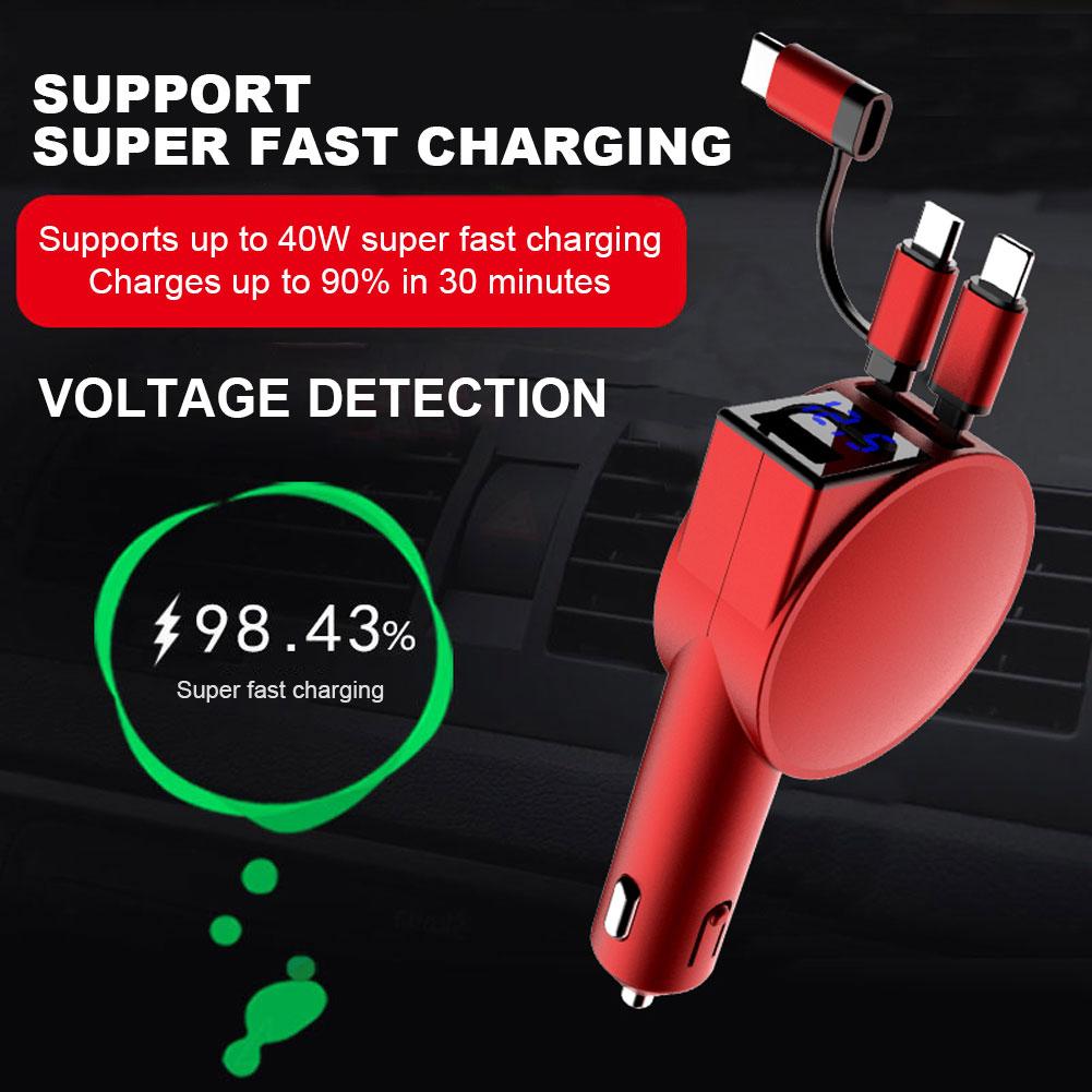 3 in 1 60W Car Lighter Adapters Charger Telescopic Cord 60W 3 in 1 Car Charger Adapter Dual Port for IPhone/Android/Type-C Phone