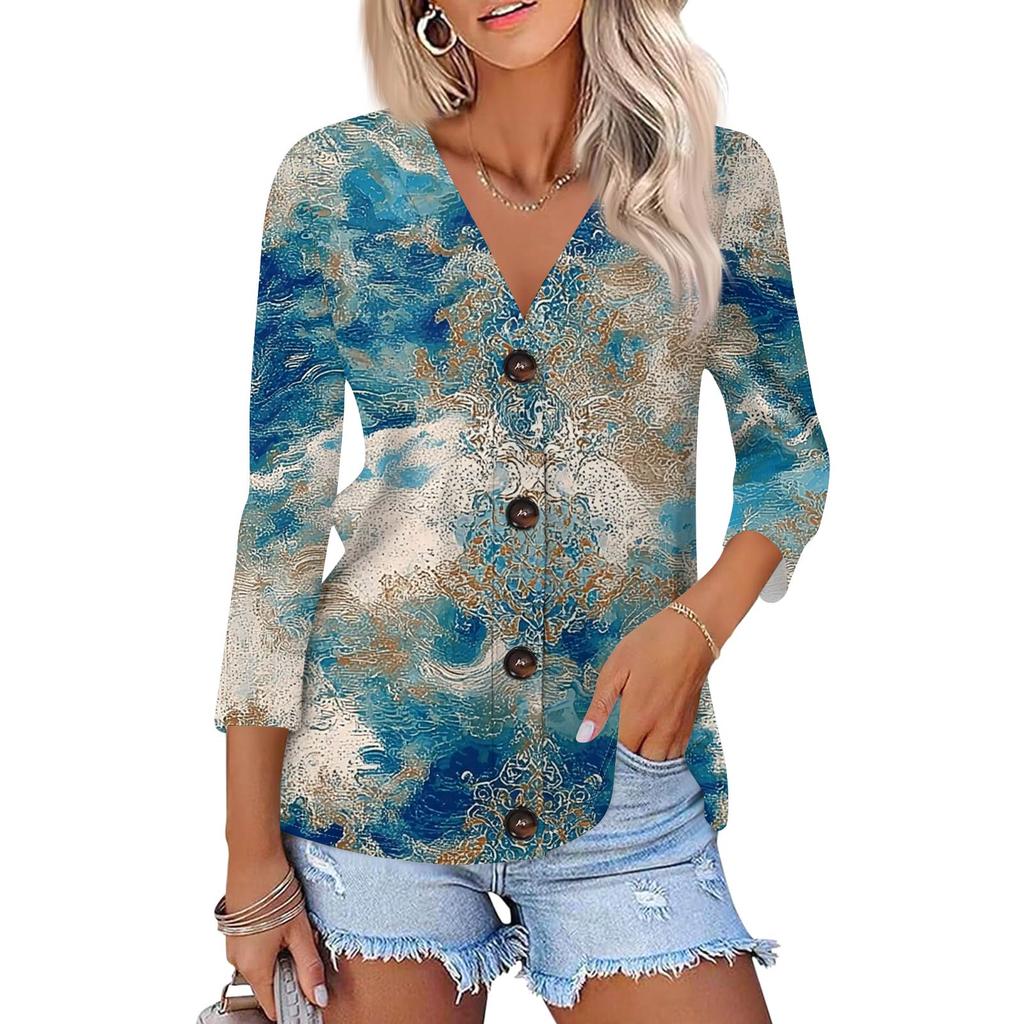 Women's Fashion Casual Printing Button-down Shirt 3/4 Long Sleeve Tops