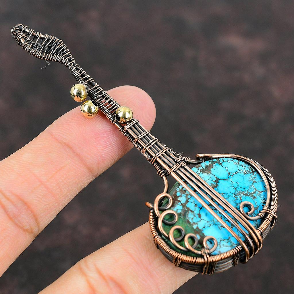 Tybetański Turkusowy Wisiorek Oplatany Miedzianym Drutem Ręcznie Robiony Wisiorek Gitara Prezent Kamień Szlachetny Turkus Długa Biżuteria Biżuteria Instrument Muzyczny