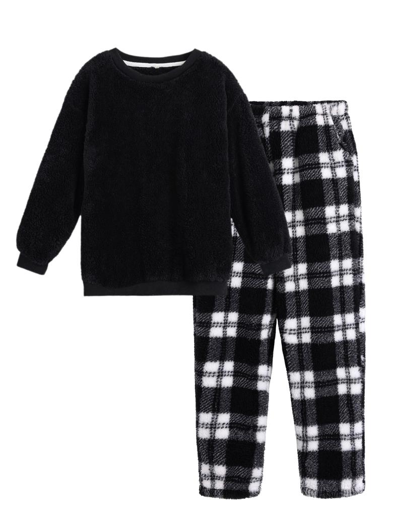 MiniZaru Loungewear Checkered Long Plus Sizes and Bottom Black Size Pajamas, Fluffy, Unisex, Fall/Winter Set, Pattern, Sleeves, Warm, Cute,