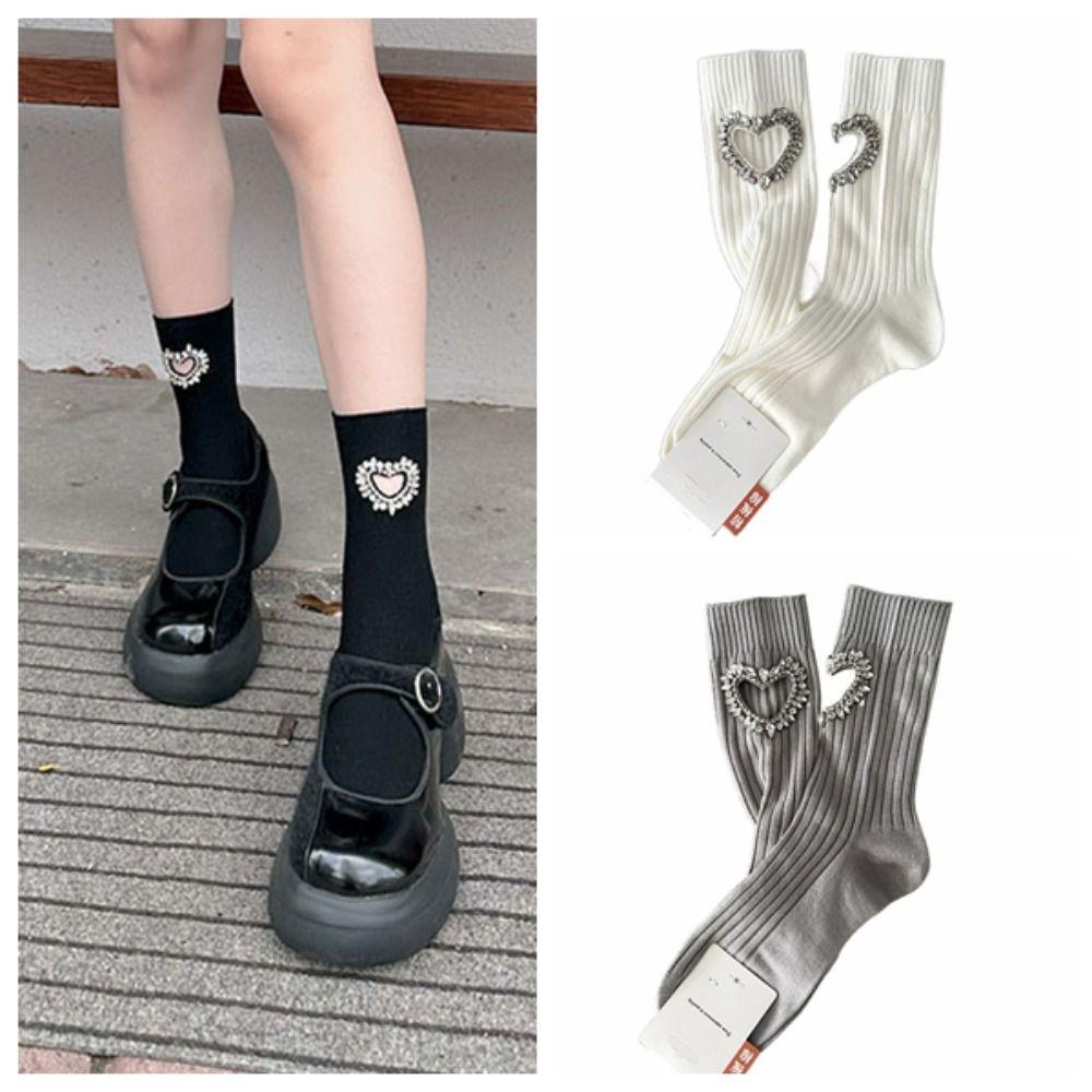 Crystal Rhinestone Heart Socks Cotton Mid-calf Socks Women Soft Y2K Tube Socks  Female