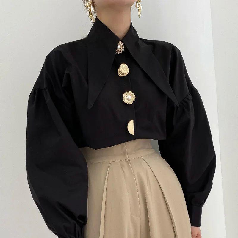 

Острая шея Однобортная рубашка с жемчужными пуговицами Заостренный воротник Однобортная рубашка с жемчужной пряжкой для женщин black All yards